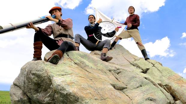Promotional image for The Hudson Bay Epic. Pictured: Mudfoot Theatre Co-Founders and Artistic Directors Genevieve Pare and Ian McFarlane, with ensemble member Ryan Reese (right). Photo Credit: Chantal Wall.