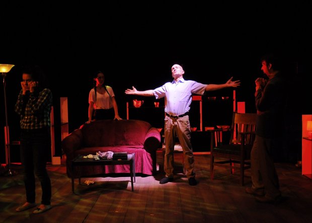 Dylan Sealy's The Dangers of Geothermal Heating runs July 26 - 28 as part of the 2018 NotaBle Acts Theatre Festival. Pictured, left to right: Anna Chatterton, Kira Chisholm, Len Falkenstein, and Jake Martin. Photo Credit: Mike Johnston.